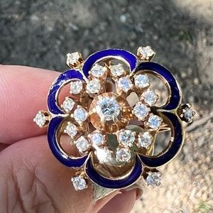 VINTAGE 14K YELLOW GOLD DIAMOND COBALT BLUE ENAMEL RING STATEMENT CUSTOM MADE